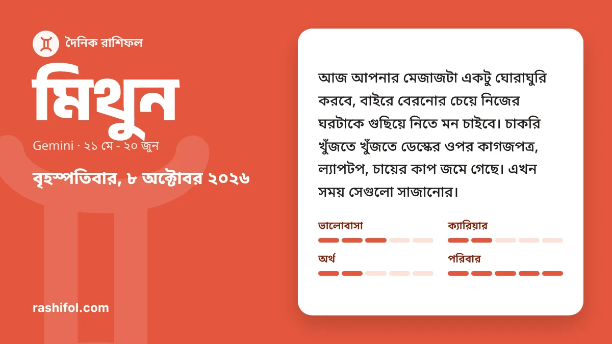 মিথুন রাশির দৈনিক রাশিফল, ৮ অক্টোবর, ২০২৬, বৃহস্পতিবার