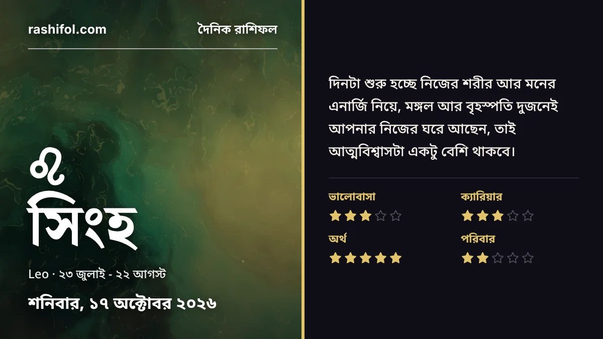 সিংহ রাশির দৈনিক রাশিফল, ১৭ অক্টোবর, ২০২৬, শনিবার