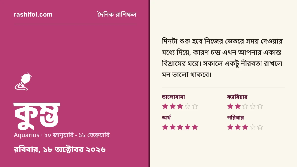 কুম্ভ রাশির দৈনিক রাশিফল, ১৮ অক্টোবর, ২০২৬, রবিবার