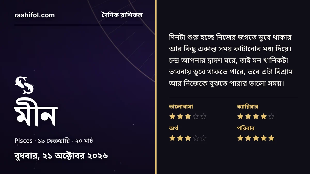 মীন রাশির দৈনিক রাশিফল, ২১ অক্টোবর, ২০২৬, বুধবার