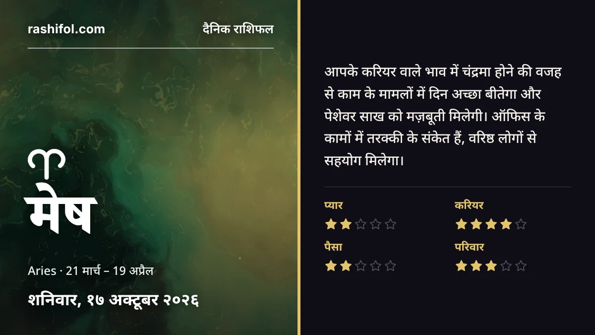 मेष राशि का दैनिक राशिफल, 17 अक्टूबर 2026, शनिवार