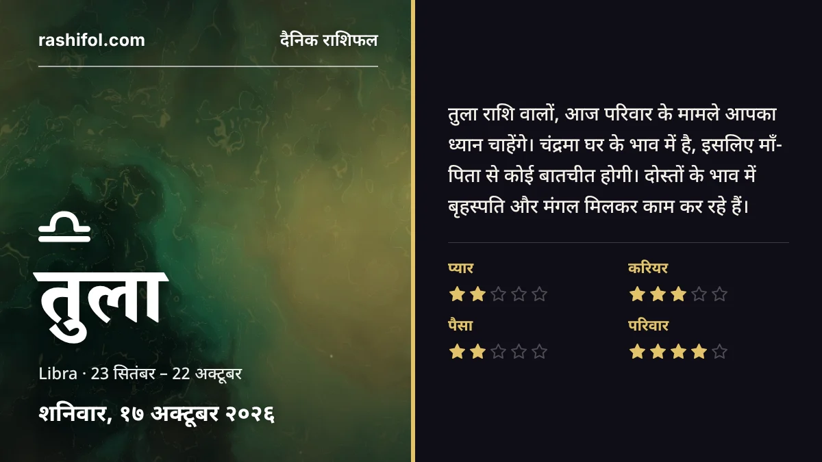 तुला राशि का दैनिक राशिफल, 17 अक्टूबर 2026, शनिवार
