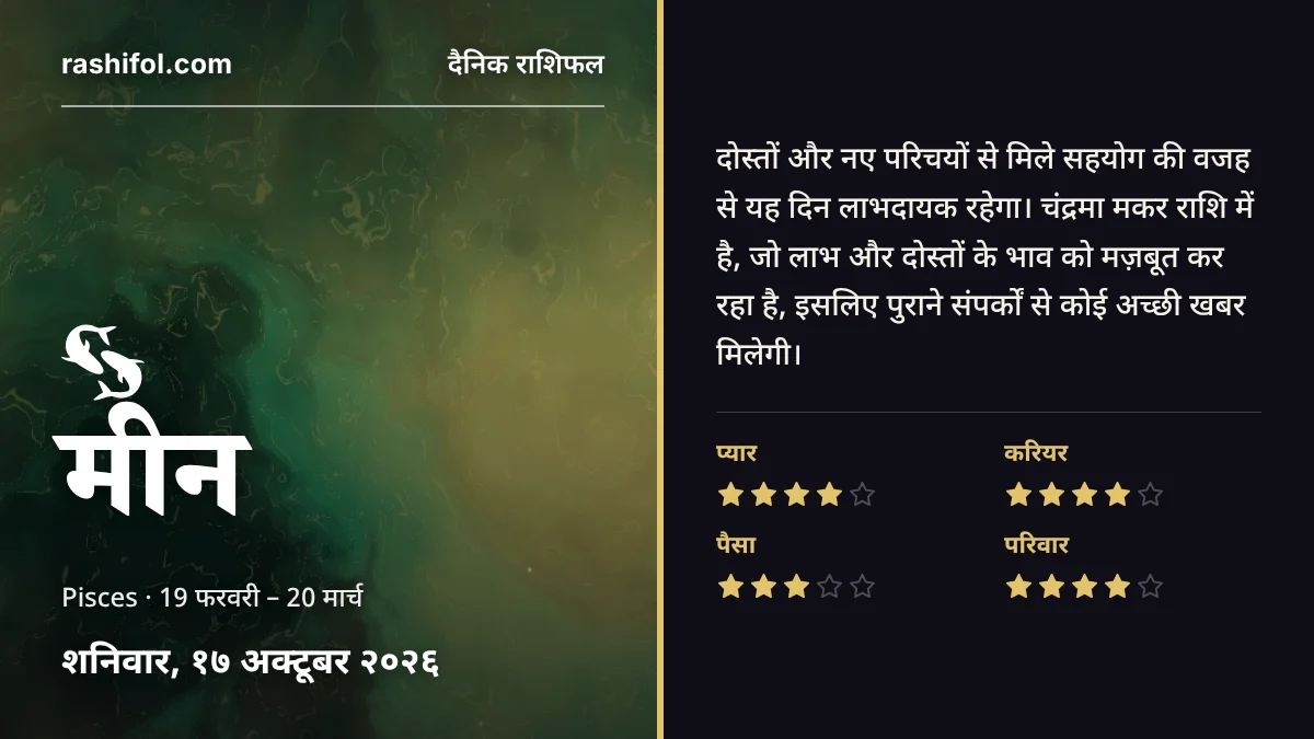 मीन राशि का दैनिक राशिफल, 17 अक्टूबर 2026, शनिवार