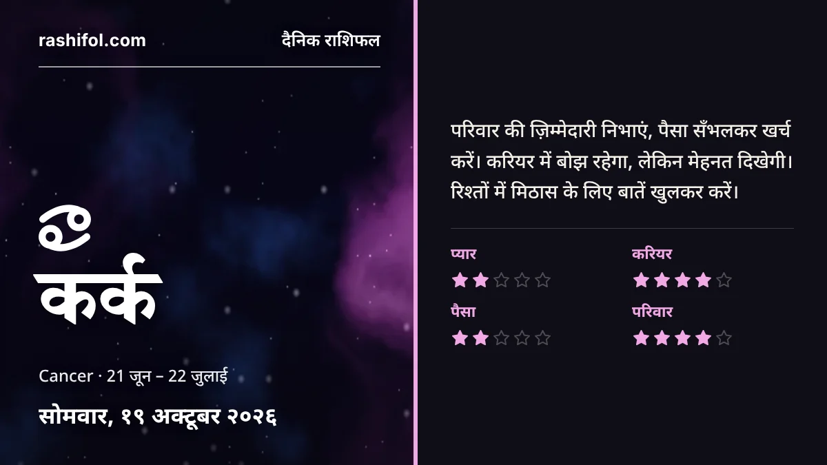 कर्क राशि का दैनिक राशिफल, 19 अक्टूबर 2026, सोमवार