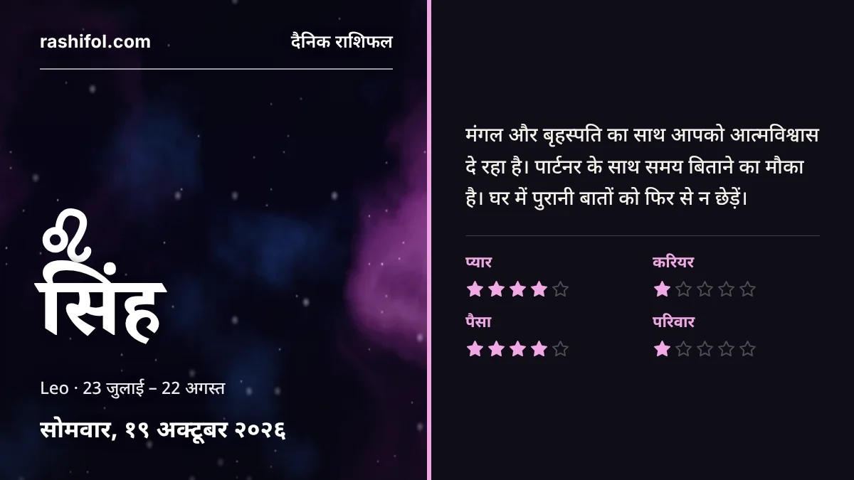 सिंह राशि का दैनिक राशिफल, 19 अक्टूबर 2026, सोमवार