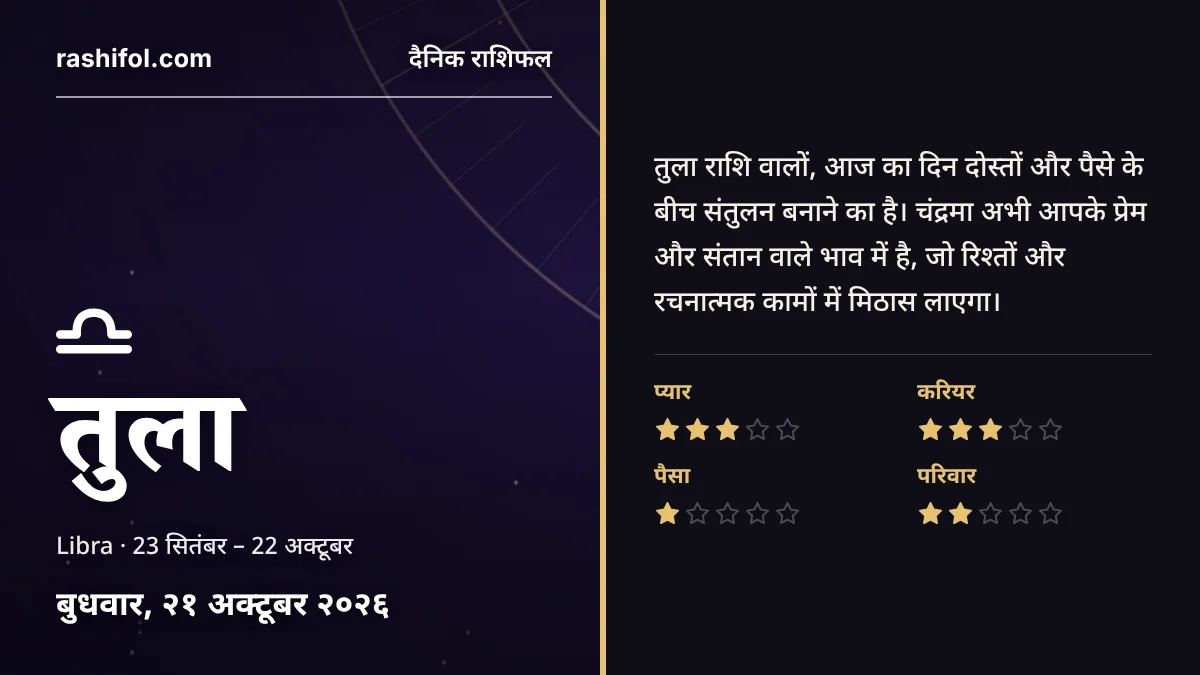 तुला राशि का दैनिक राशिफल, 21 अक्टूबर 2026, बुधवार